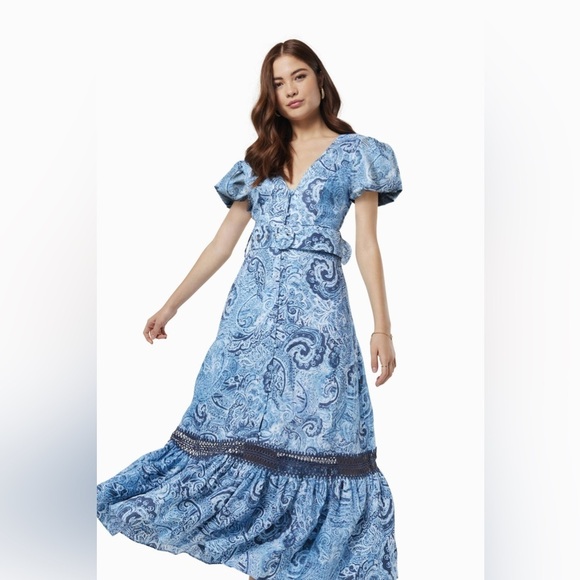 Elliatt Nixi Linen Midi Dress in Blue Multi Floral Print Small Vacation Casual - Picture 3 of 6